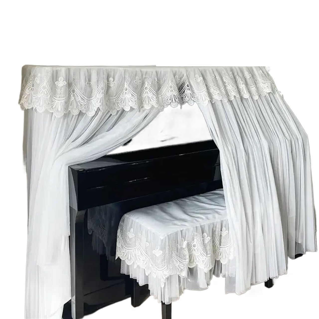 Copertura antipolvere per pianoforte verticale, Copri pianoforte e sgabello ricamati in pizzo, orlo in garza a doppio strato, dimensioni multiple bianche(76x36cm)
