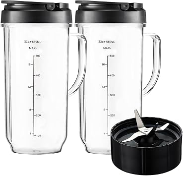 Blender Replacement Cups for Magic Bullet 250W MB1001 MBR-0701AK, Tall 22oz Cup Flip-Top Lid with Measured Markings & Cross Blade, Blender Replacement Parts, Mug with Handle for Magic Bullet 250w