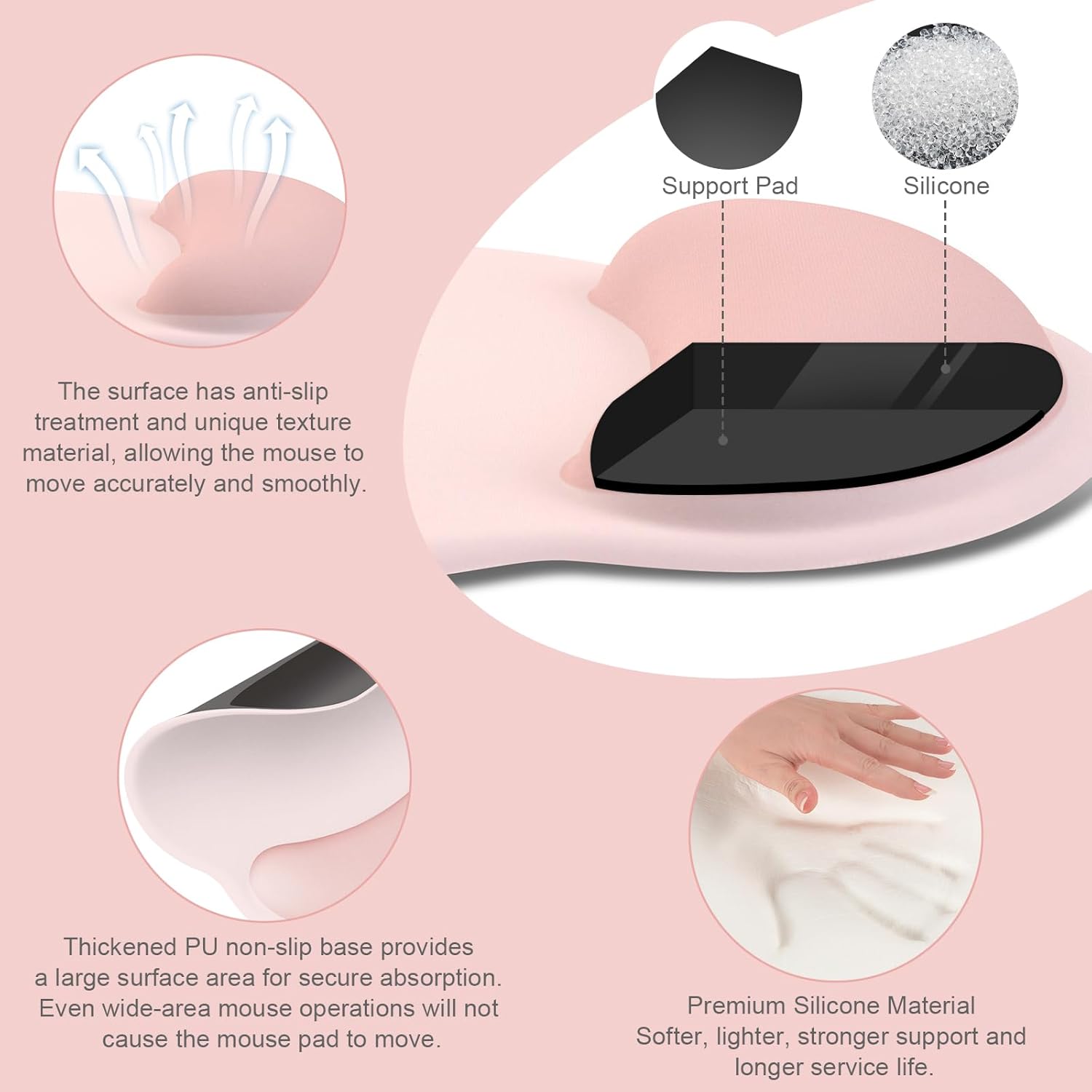 MOSISO Wrist Rest for Keyboard Mouse Pad Set, Large Gaming Deskpad&Circle Curved Mousepad&Keyboard Wrist Rest&Coaster, Ergonomic Non-Slip Mousepad&Easy Typing Pad with Silicone Lining, Baby Pink