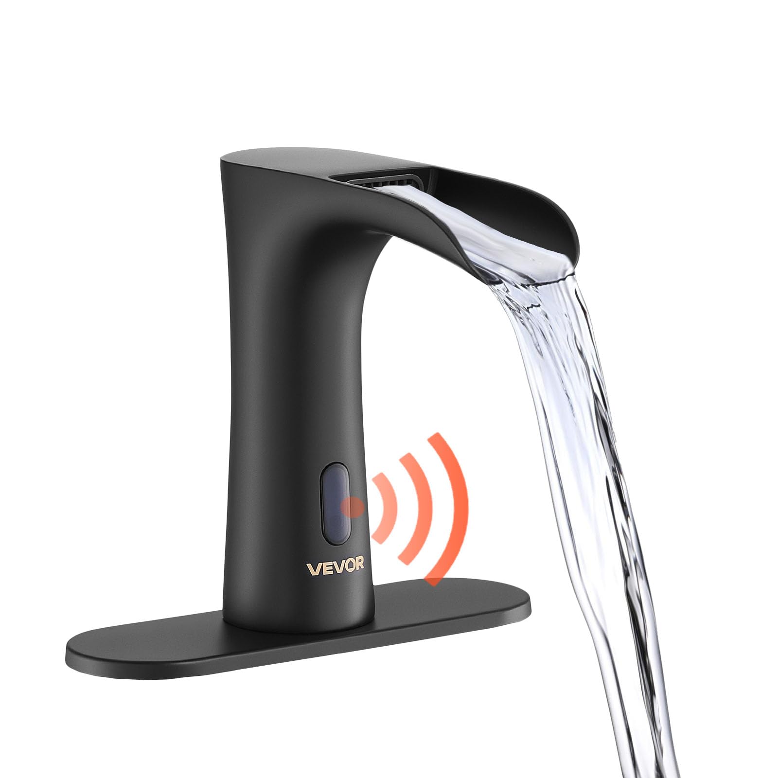 VEVOR Grifo de Lavabo Automático sin Contacto para Baño, Latón, con Sensor y Tapa, Grifo a Pilas, Cascada Semi-Cerrada, Recubrimiento Electroforético, 7,6 L/min, Negro Mate, 160 x 62 x 145 mm