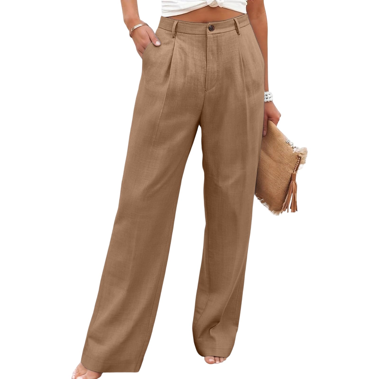 Pantalon Fluide Femme Été, Taille Grande Lin Chic Large Pantacourt Été, Fluide Travail Décontracté Leger Vetement Femme Chic