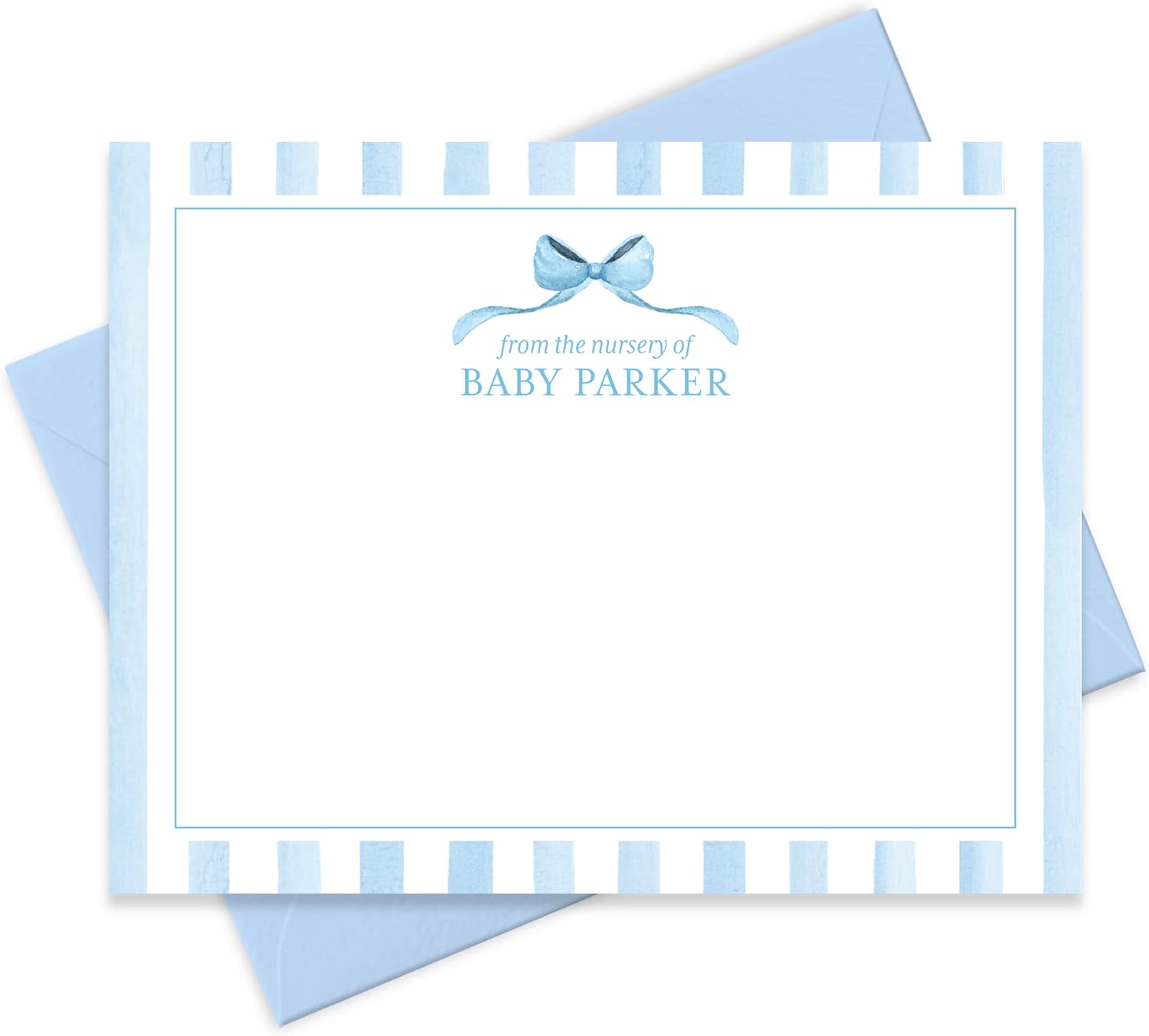 Baby Shower Thank You Cards and Envelopes Personalized from Boy Nursery, Blue Baby Thank You Cards Stationery, Flat A2 Note Card and Envelope Stationery Set (Bow with Stripe Border)
