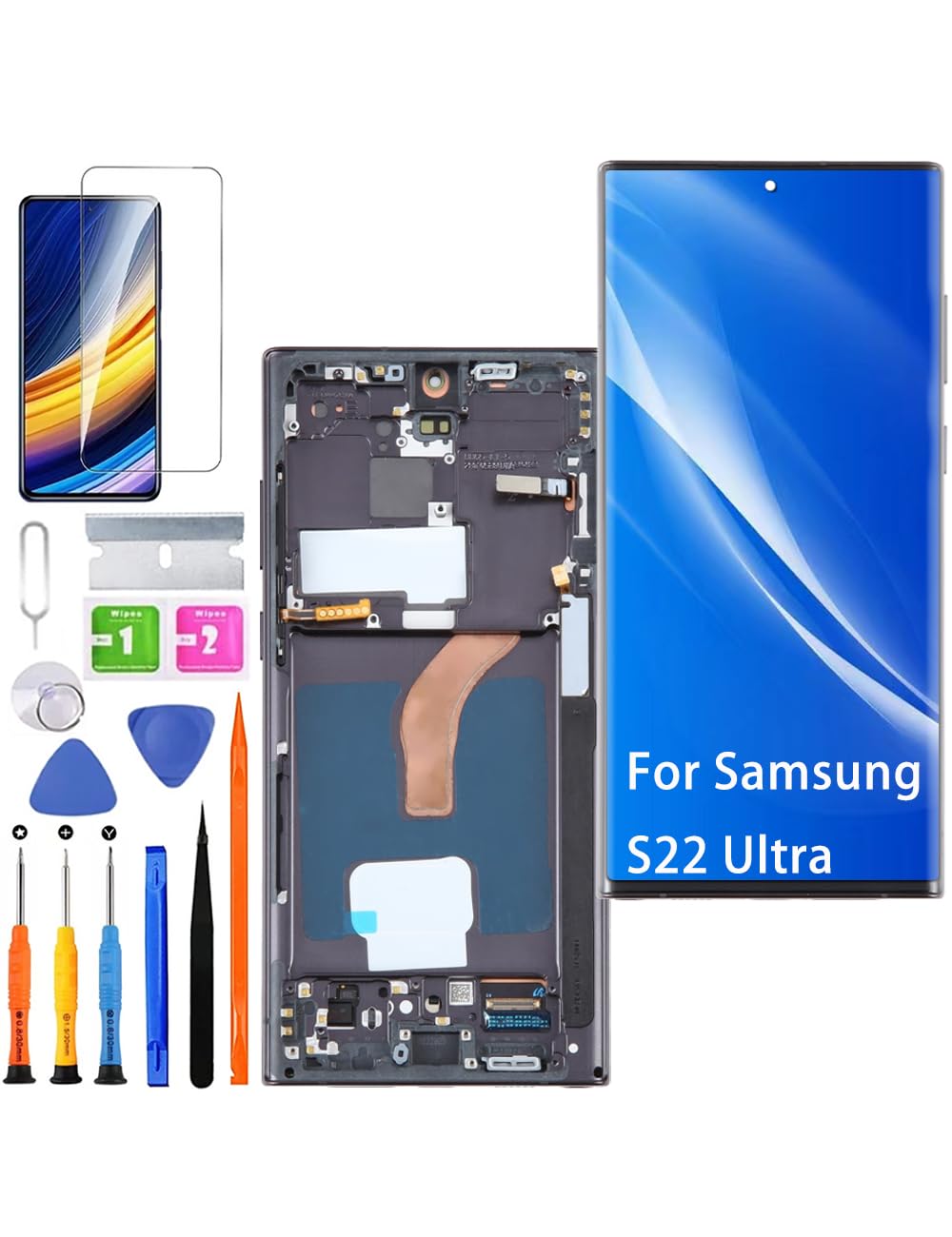 Display Schermo per Samsung S22 Ultra S908B S908B/DS TFT Nero con Cornice | Senza Impronte Digitali，con kit di riparazione，TFT LCD，HD Display，Sostituire lo schermo,Schermo non Curvo,EU Version