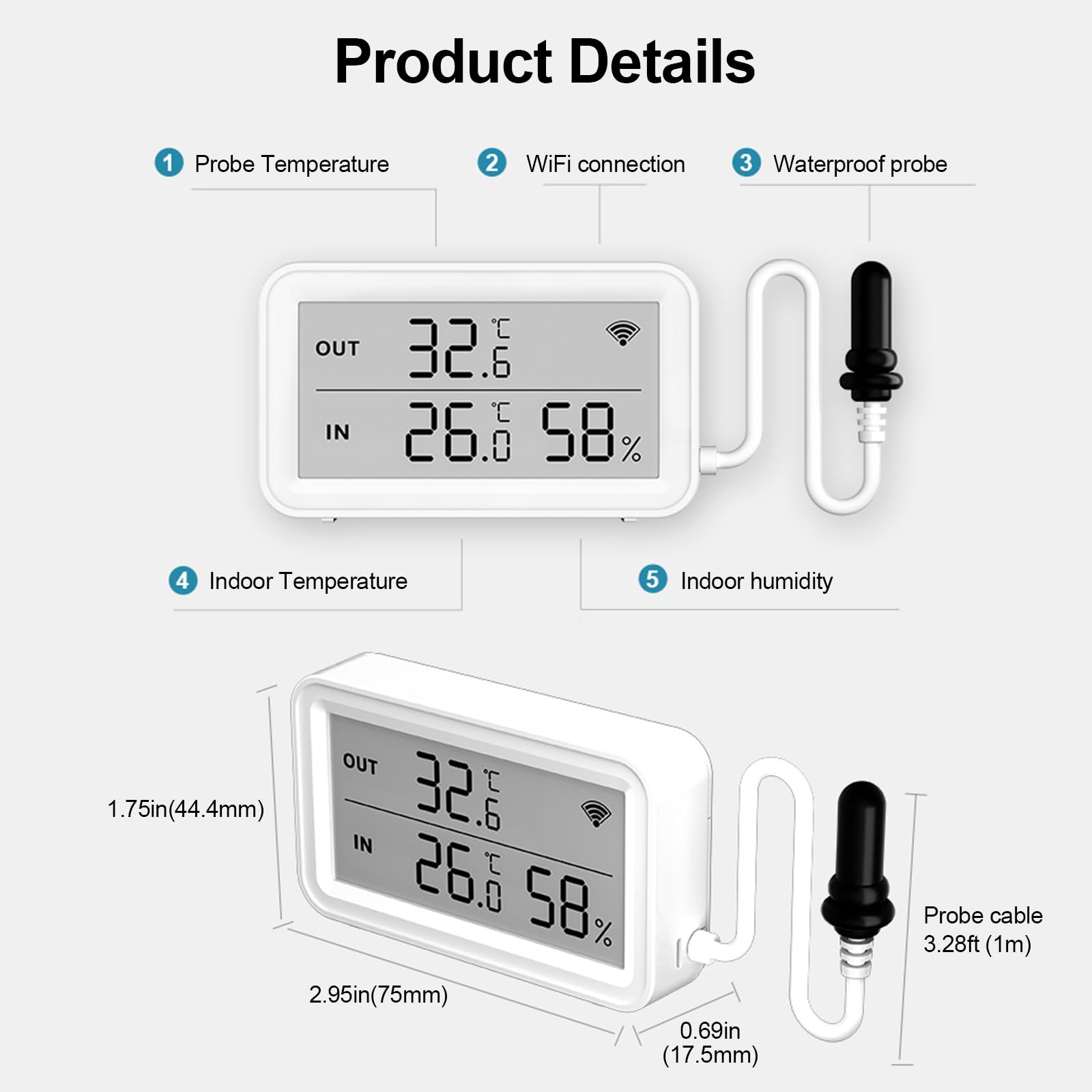 Termometro Igrometro WiFi con Sonda, Sensore Temperatura e Umidità Smart con Allarme App, Display LED, Monitor Digitale per Frigorifero, Acquario, Terrario, Senza Hub