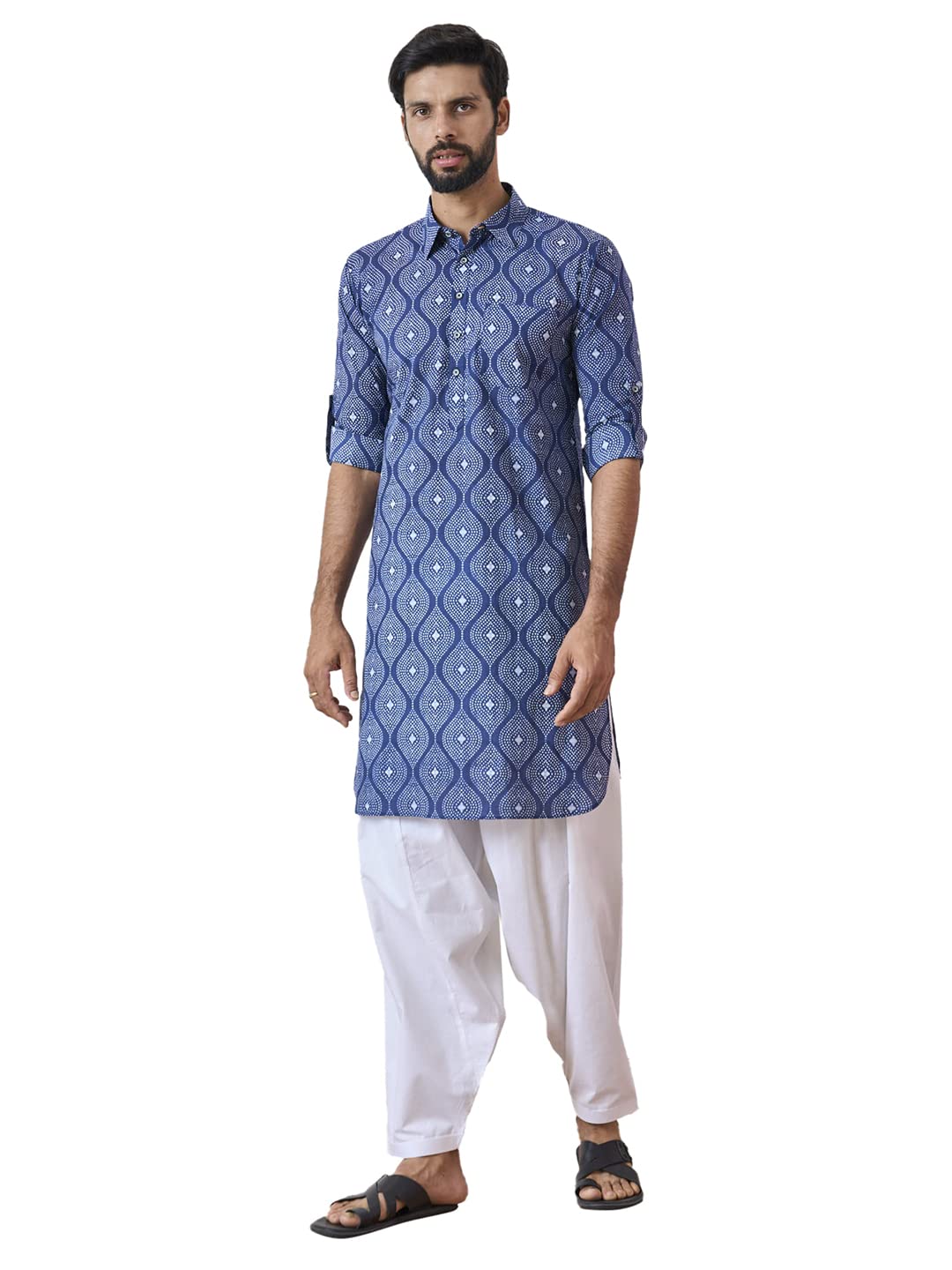 See Designs Men Spread Collar Indigo Regular Pure Cotton Pathani Full Sleeve Kurta With White Salwar - Sd2Mpkt_116103Xxl