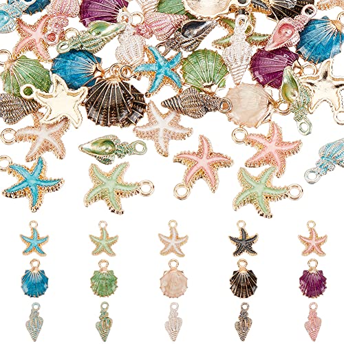 PH PandaHall 15 Styles Starfish Shell Charms 60pcs Sea Shell Pendants Metal Spiral Shells Charm Ocean Dangle Charm for Christmas Jewellery Making Beach Summer Earring Necklace Bracelet