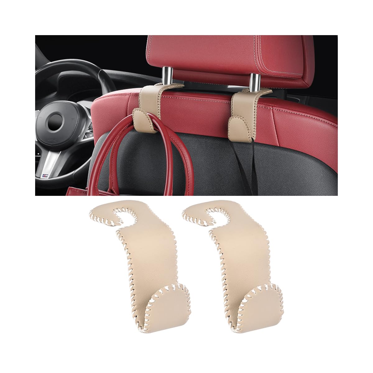 Zpana Car Headrest Hooks, 2PCS Leather U-Shaped Vehicle Purse Storage Hanging Holder for Purses Bags Coats, Automotive Seat Back Storage Organizer