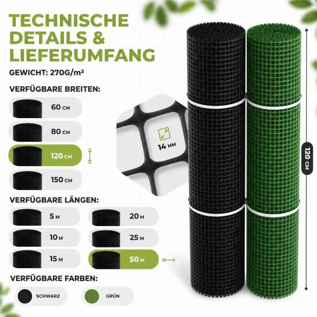 Florade® Kunststoffzaun | Gartenzaun | Geflügelzaun | Gartenzaun Kunststoff | Hundezaun | Robust & witterungsbeständig | Vielseitig einsetzbar | Grüne Farbe | Quadratförmige Maschen | 330g/m²