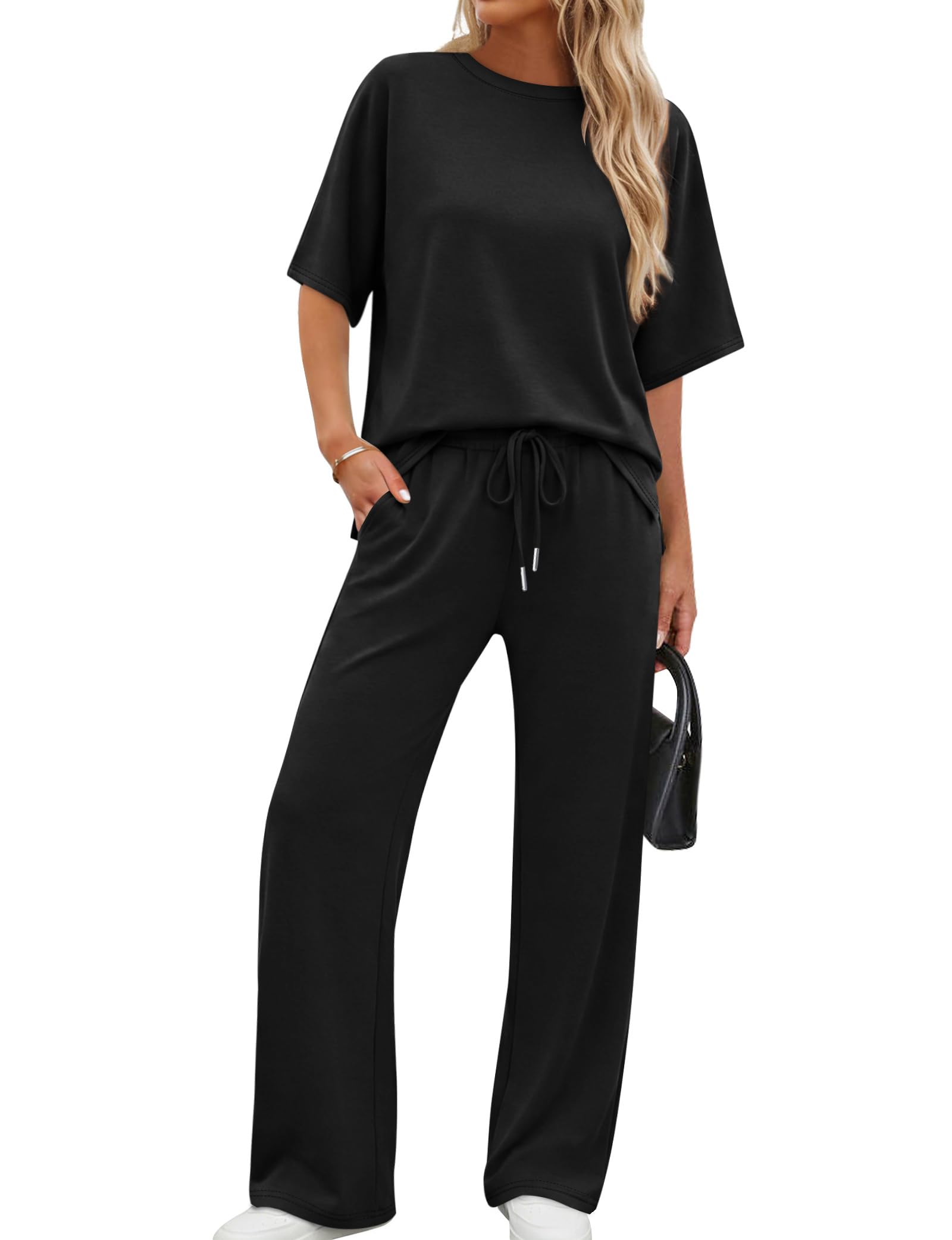 XIEERDUO Womens Side Slit Lounge Sets 2 Piece Travel Outfits Airport Tracksuit Oversized Wide Leg Loungewear S-3XL