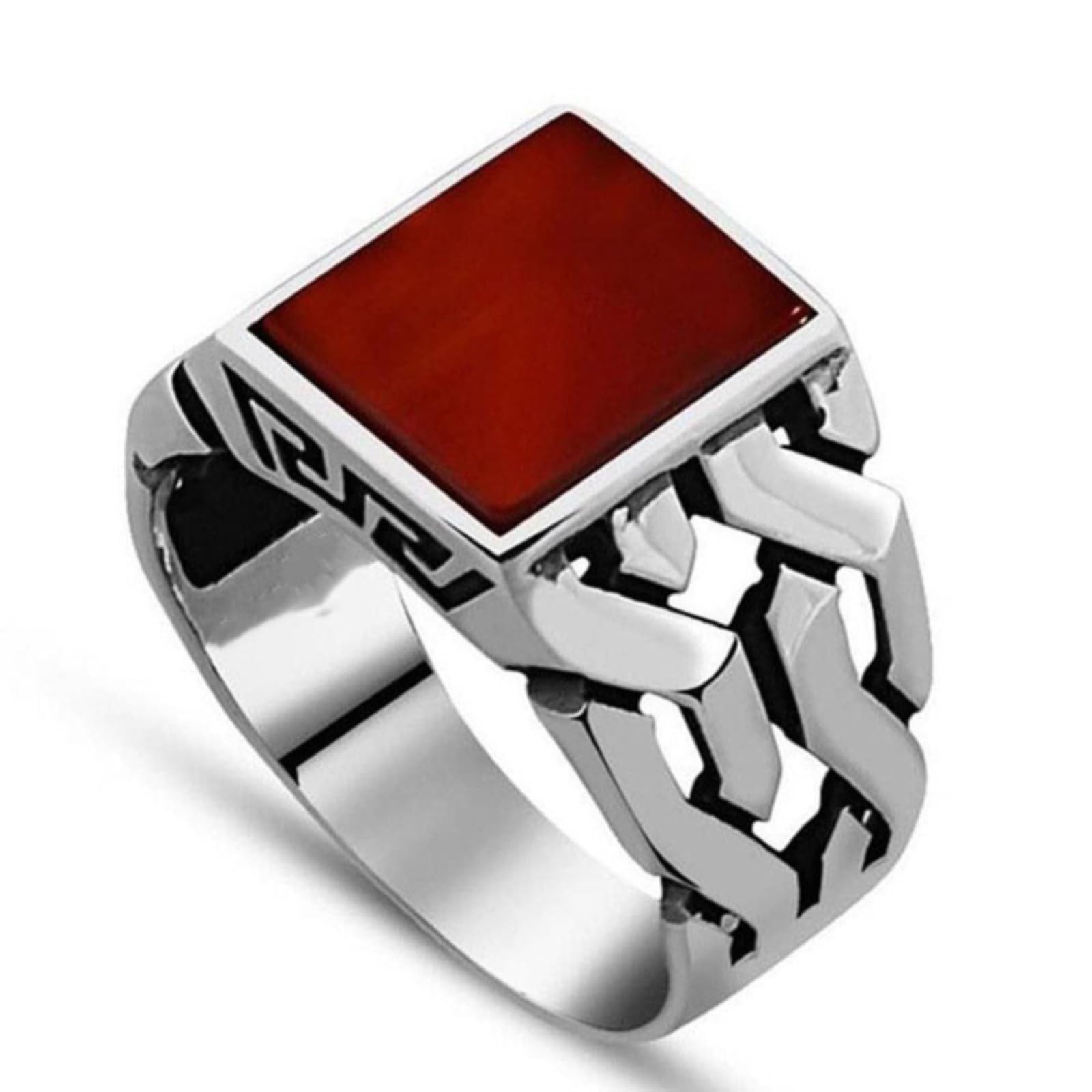 GDHKDDFL Gemstone rings, 925 Sterling Silver Red Gemstone Ring with Engraved Name, Hiphop Cool Agate Signet