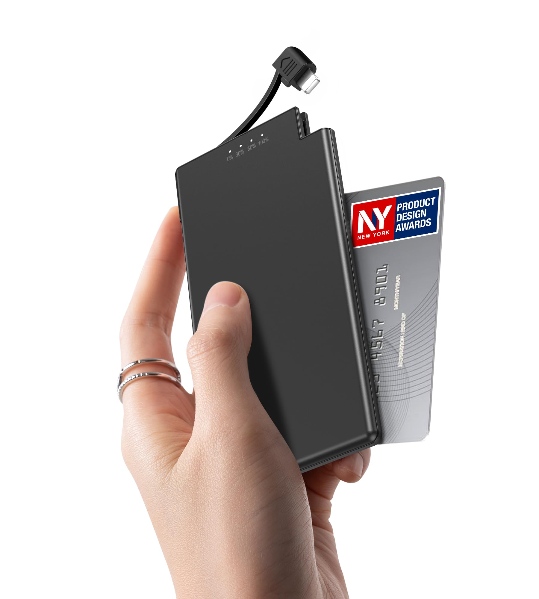 TNTOR 5000 mAh Ultra Slim Power Bank with Integrated Cable for iPhone, [6 mm Thickness] Metal Shell Portable Mini Power Bank - Black