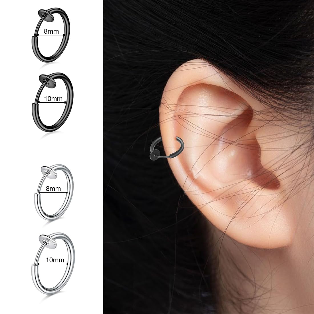 4 Paia di Orecchini Clip Magnetici in Acciaio Inossidabile Senza Buco per Uomo, Donna - Design da Uomo con Cerchi Piccoli per Orecchini Finti Non Piercing, Nero e argento