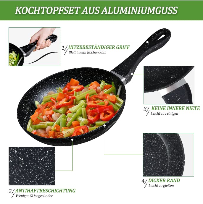 Kookpan, 10 liter, soeppan, 32 cm, gegoten aluminium vleespan, anti-aanbak, melkkan, pastabort, groentepan, stoofpan, inductiepan met glazen deksel, braadpan voor alle warmtebronnen, ook inductie