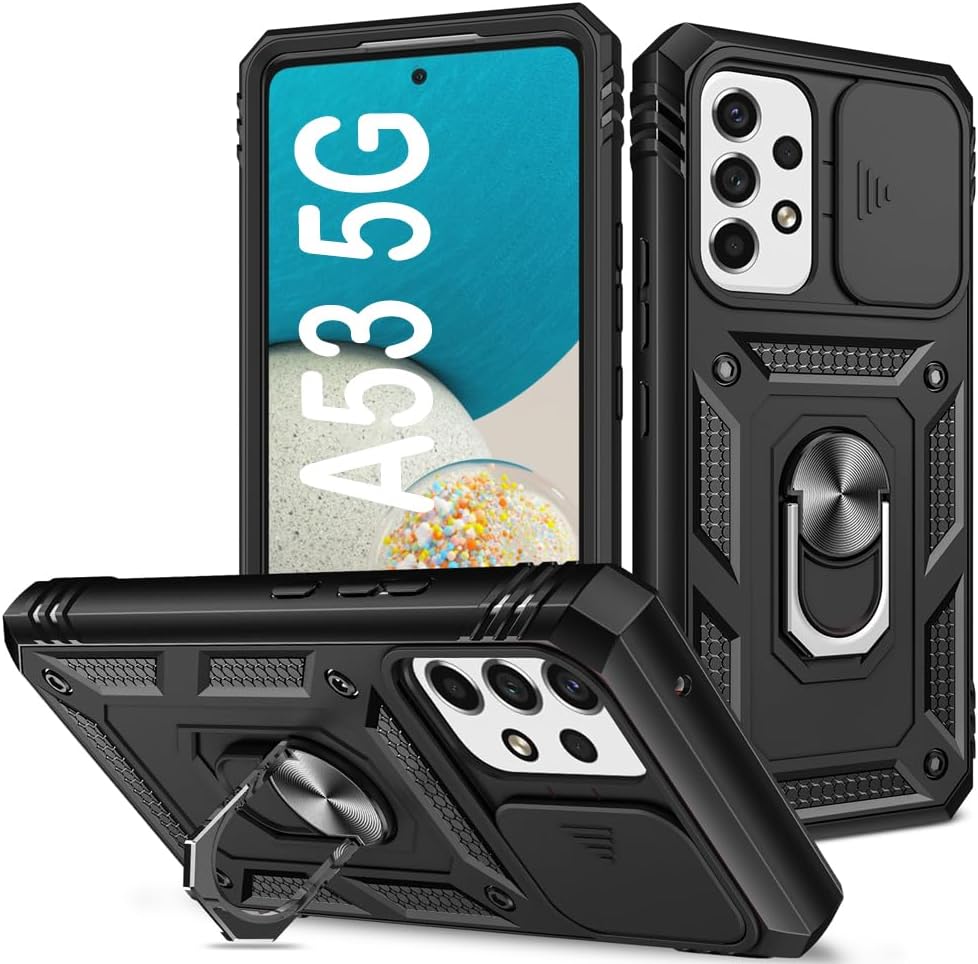 PASNEW Phone Case for Samsung A53 5G,360° Kickstand & Slide Camera Cover,Military Rugged Heavy Duty Shockproof Hard Shell,Galaxy Cases for A53,6.5 inch,Black