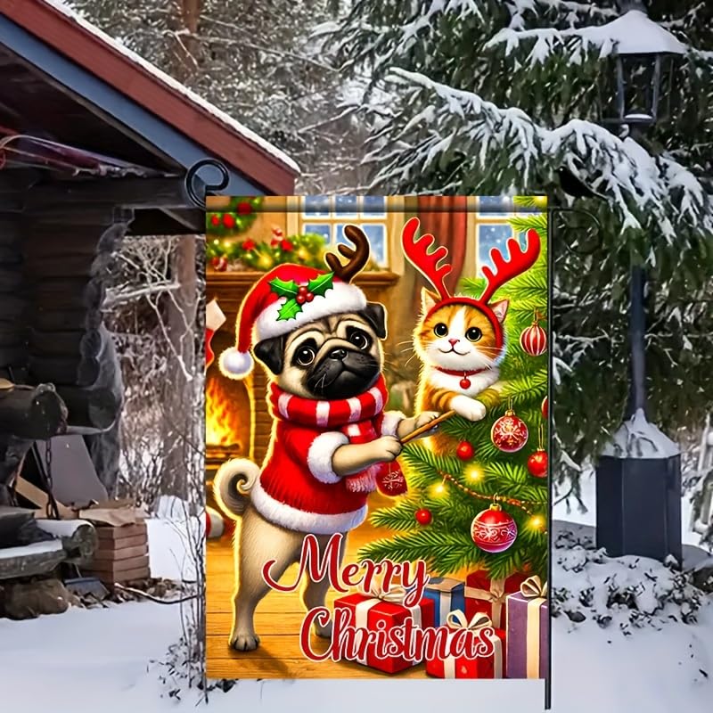 Image of BlissYard Christmas Pug and Cat Garden Flag 12x18 Inch Double Sided Merry Christmas Yard Banner Festive Pug Dog and Cat With Antlers by Christmas Tree Holiday Outdoor Lawn Porch Patio Pathway Seasonal Home Decoration