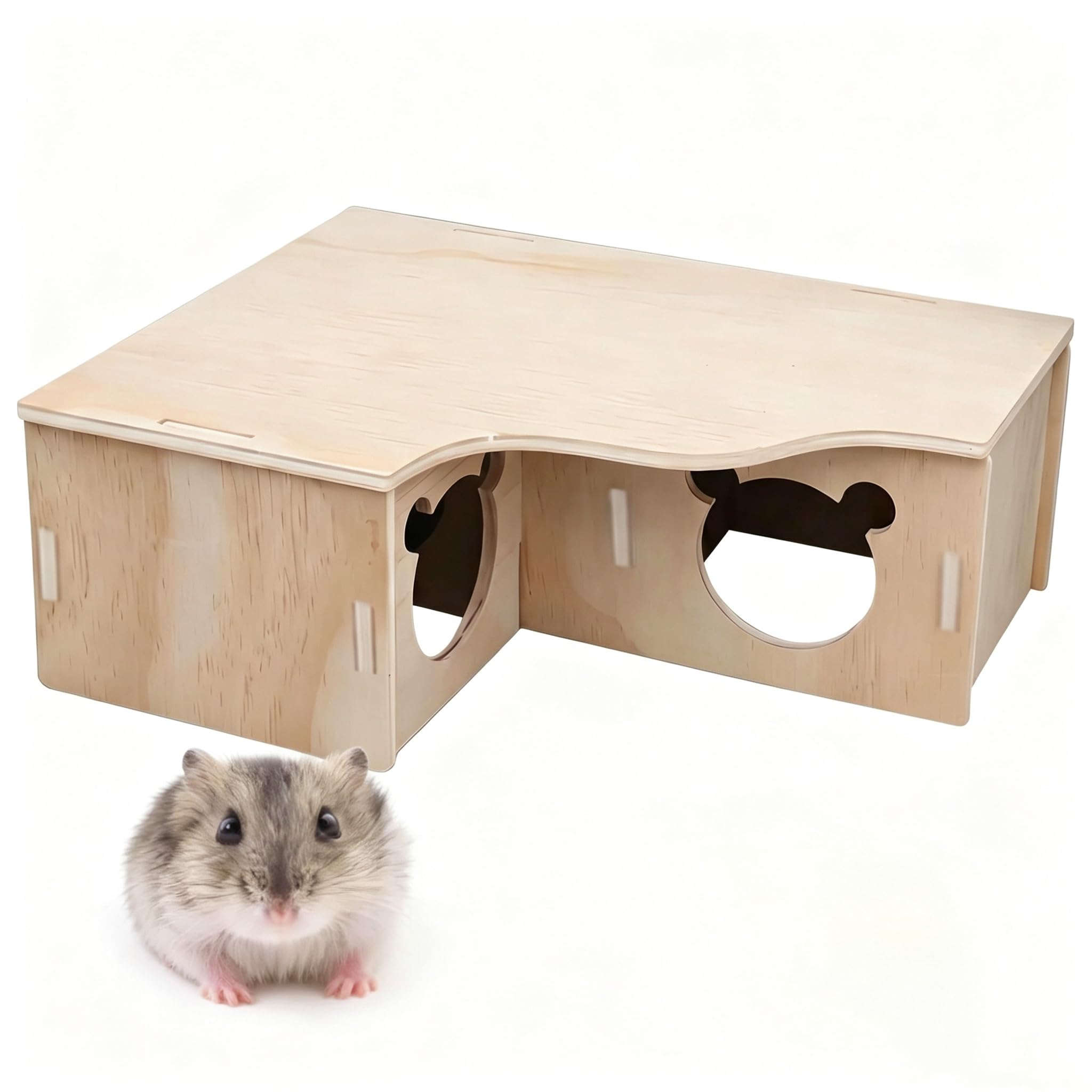QIANSSE Hamster Cage Multi Chamber Hideout with Lid, Wooden Platform Shelter Accessories for Hamster Habitats