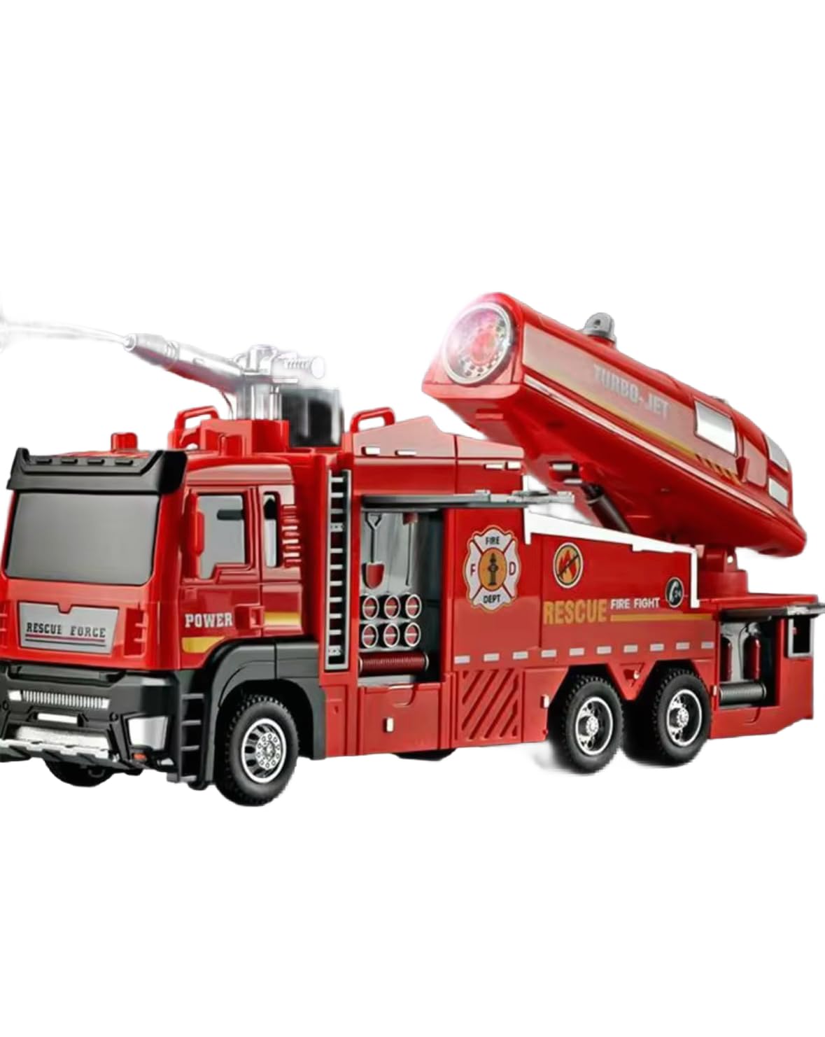 Rescue Force Fire Engine Truck Toy with Water Spray, Lights and Sound Effects, Red Die-Cast Emergency Vehicle, Extending Ladder, Educational Play Set
