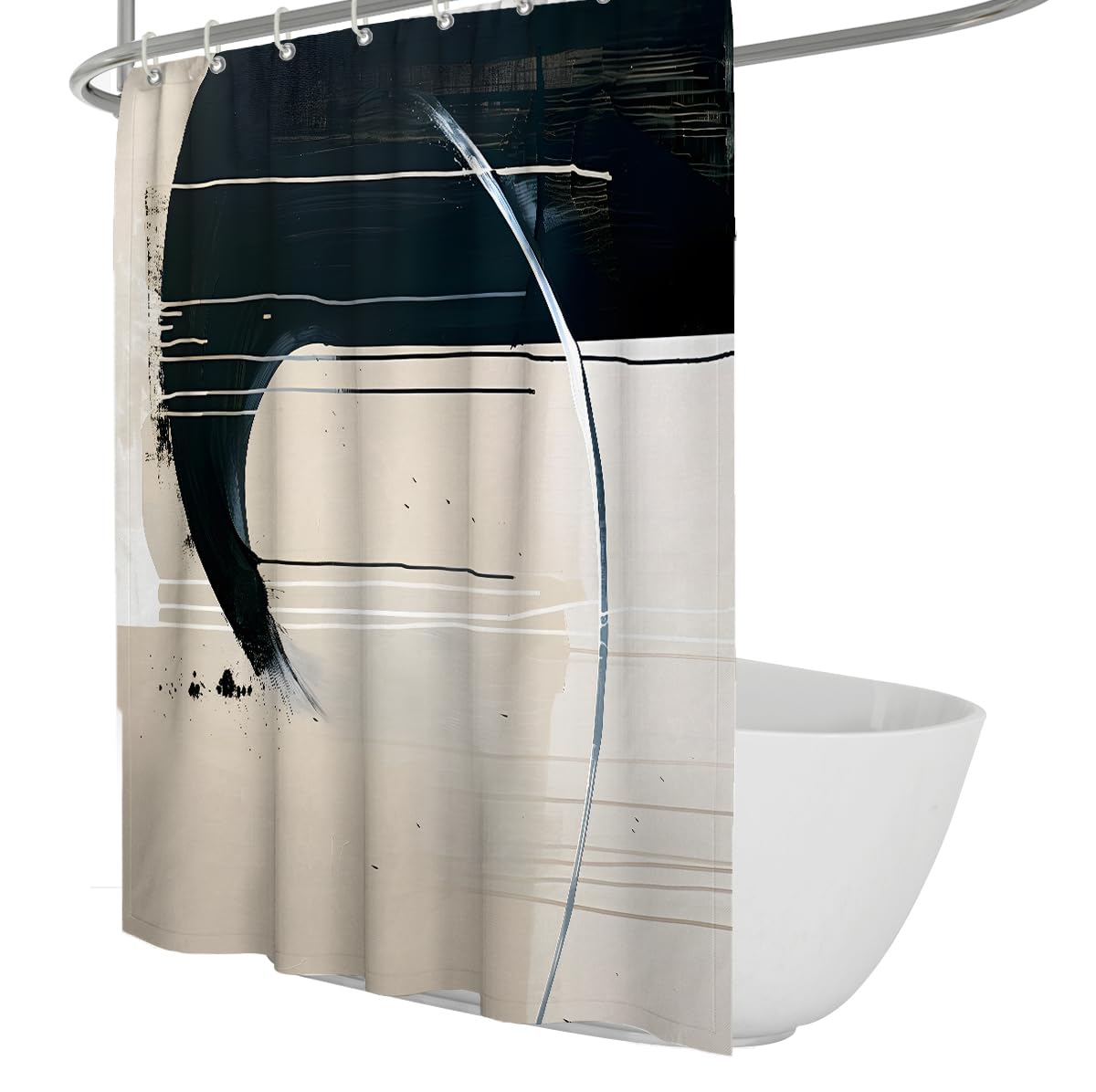 UIRINGART Bath Screens W120xL180cm Contemporary Abstract Line Art Black Beige Cream Ink Splash Curved Circles Geometric Pattern Water Repellent Mould Proof Polyester Fabric Shower Curtain