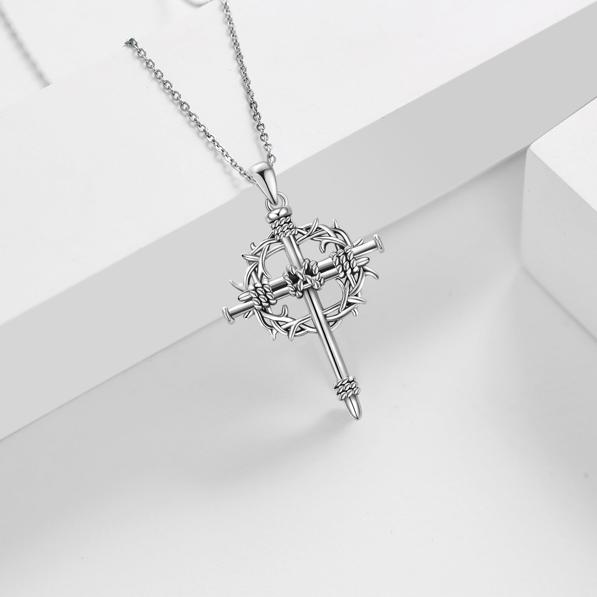 ONEFINITY Collar de cruz de uñas de plata de ley 925 con colgante de crucifijo de espinas, Cadena, Joyería religiosa, Regalos de cruz para hombres y mujeres, Plata esterlina