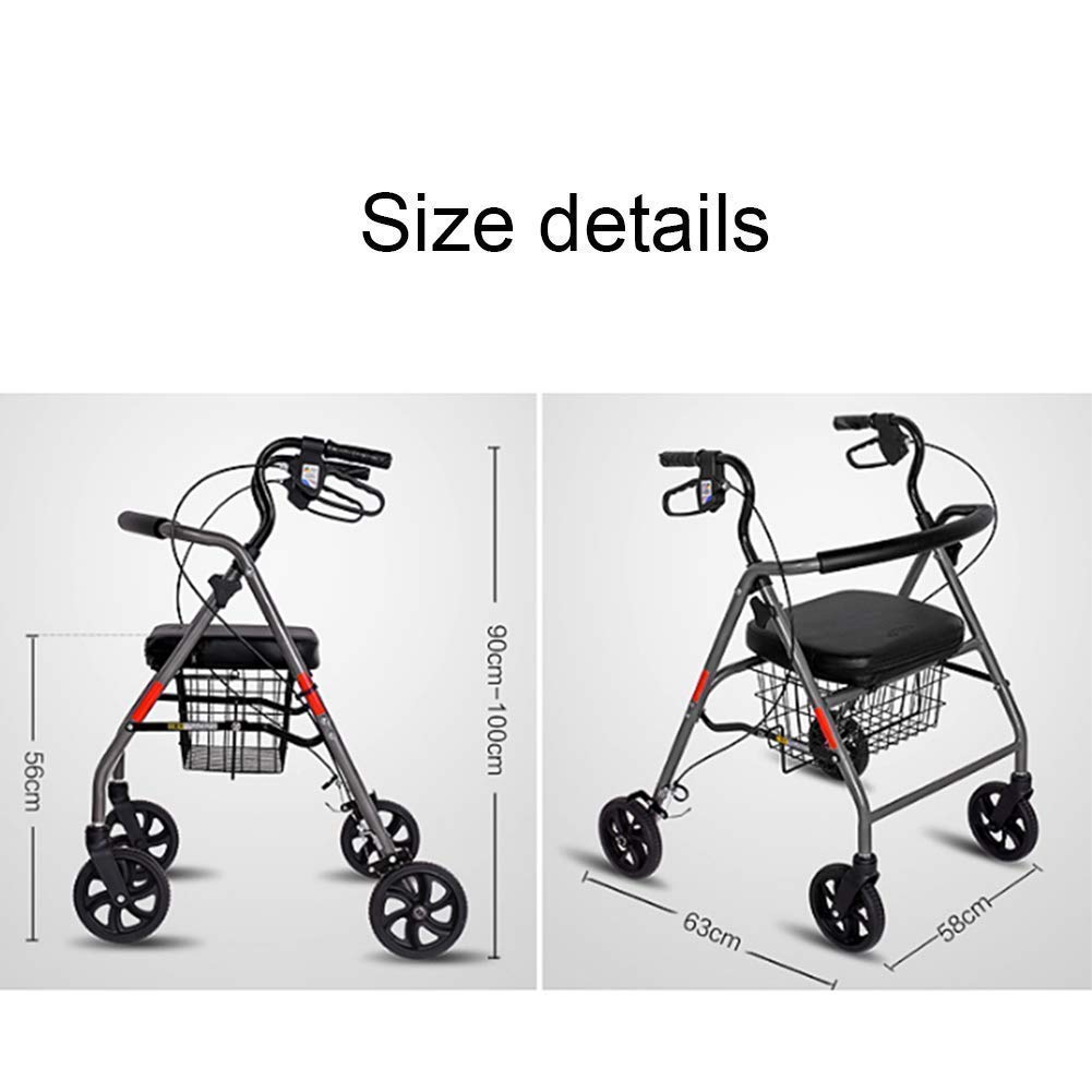 Chodziki dla seniorów Chodzik, Rollator Składany chodzik czterokołowy z wyściełanym siedziskiem Blokowane hamulce Ergonomiczne uchwyty Koszyk na zakupy Ograniczona pomoc w poruszaniu się, Spacerowy
