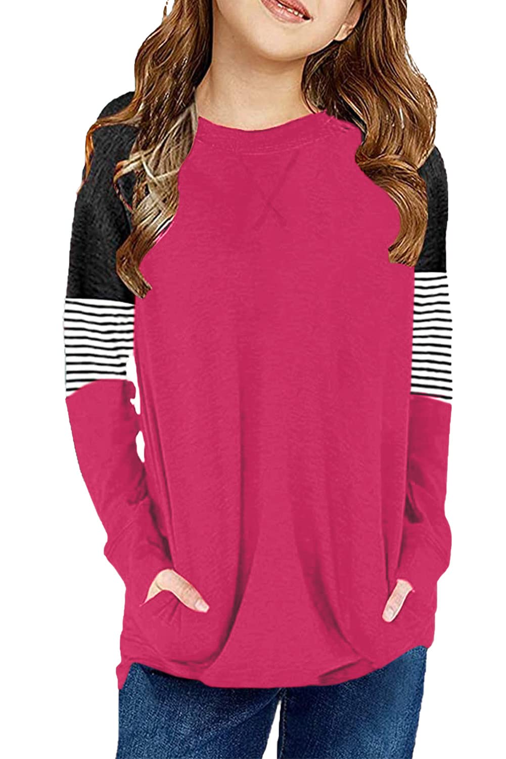 SELINK Girl's Casual Big Kids Long Sleeve Striped Color Block Tees Pockets