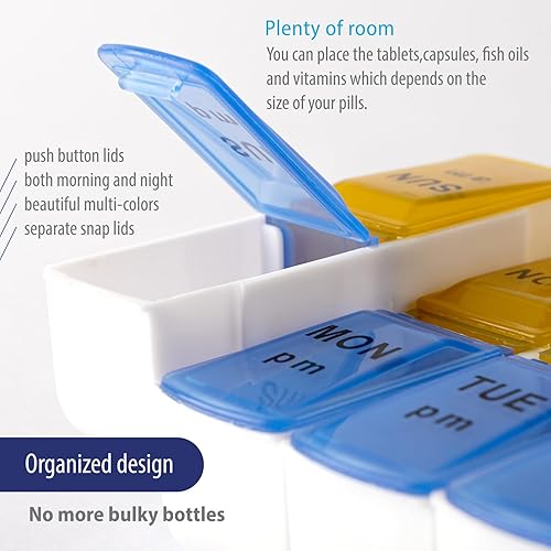 Miniatura 9 de Deke - Organizador de pastillas desmontable, 14 compartimentos diarios, ranura AM PM, contenedor de dosis semanal, soporte para medicamentos,