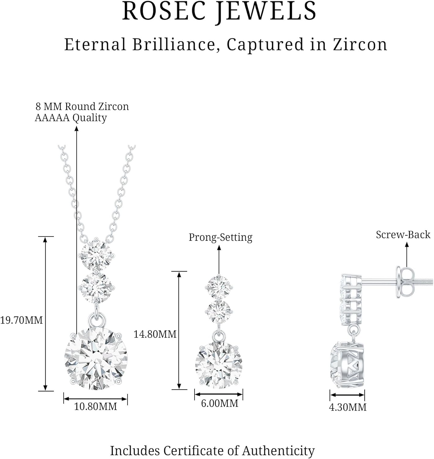 Certified Cubic Zirconia Drop Necklace Earrings Set in Silver, Aaaaa Quality, CZ Diamond Bridal Jewelry Set - Gift For Her - Image 6