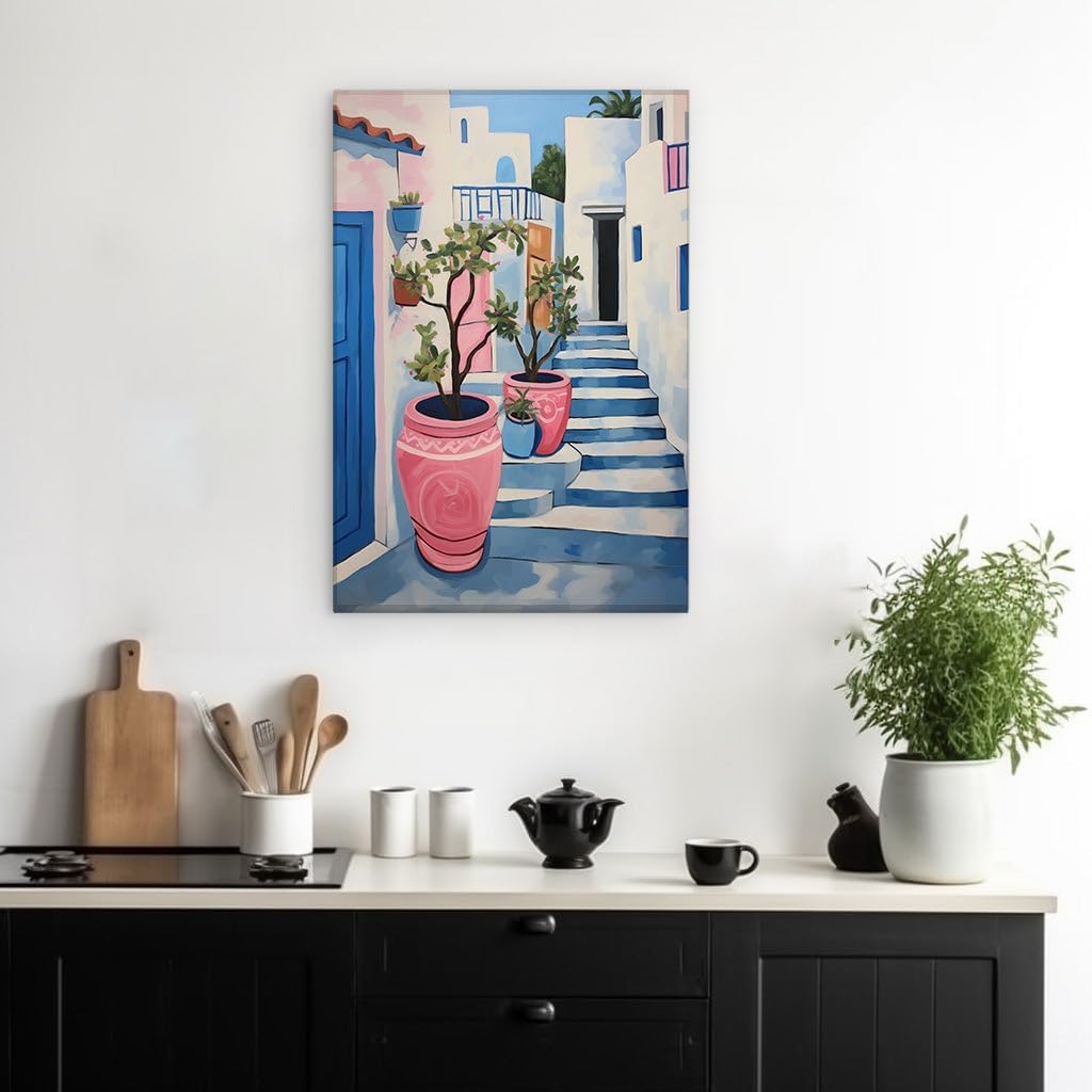 Canvas for Living Room. Mediterranean Charm A Glimpse of a Greek Street Alive with Color and Life, 27 x 18 inch Canvas Wall Art - Contemporary Masterpieces - Modern Home Decor