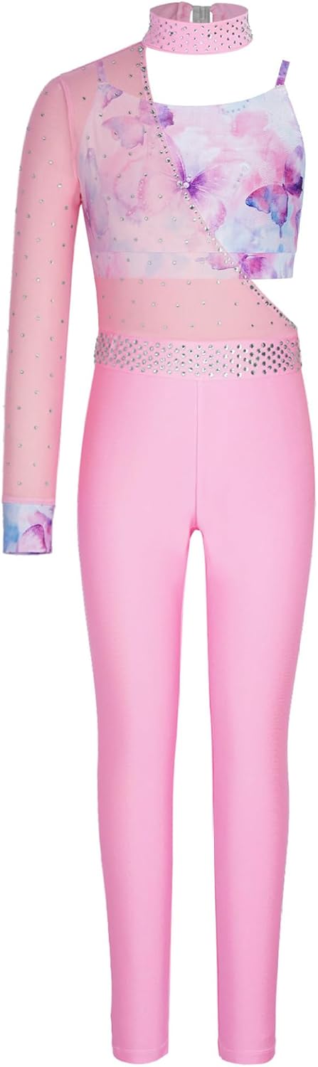 Girls Print Gymnastics Leotards 2 Piece Set One Shoulder Sleeve Rhinestones Jumpsuit with Vest
