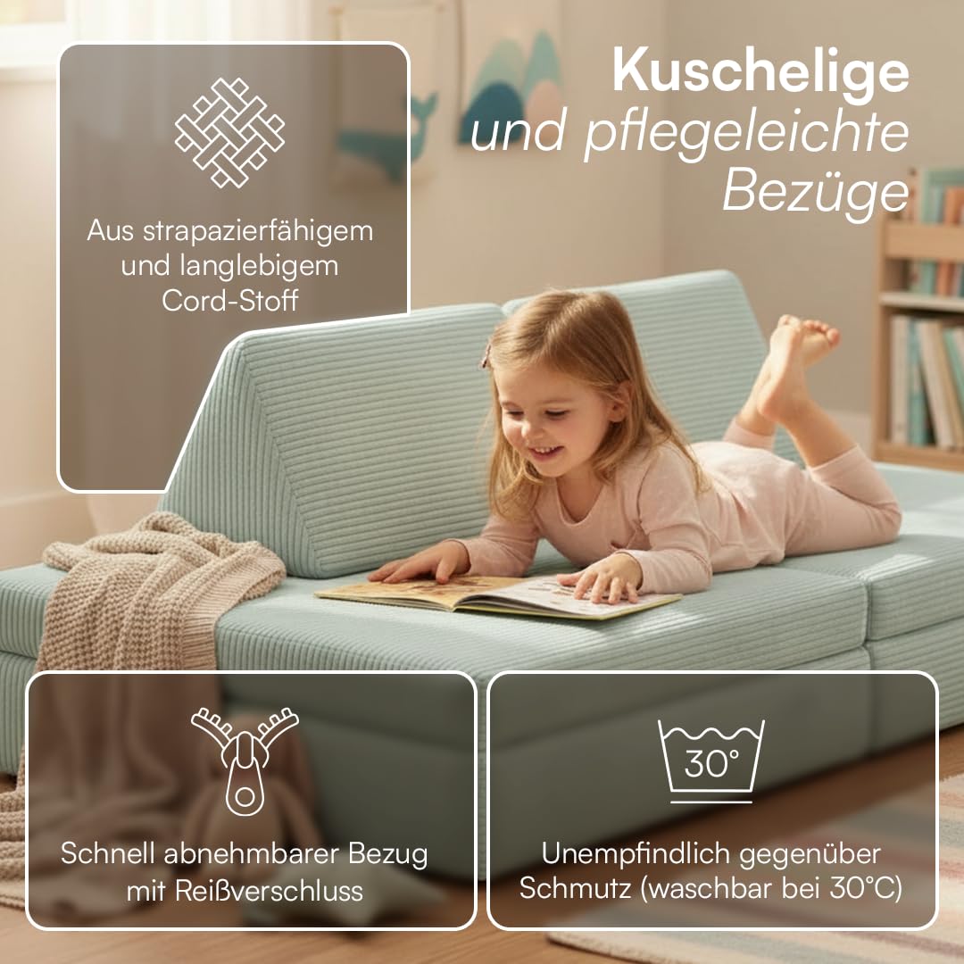 Bellabino Nile Spielsofa Maxi 4-TLG. für Kinder – Kindersofa Cord in Türkis – Spielesofa Schaumstoff Bausteine – modulare Kindercouch ausklappbar mit waschbarem Bezug – Sofa Kinderzimmer Kuschelecke