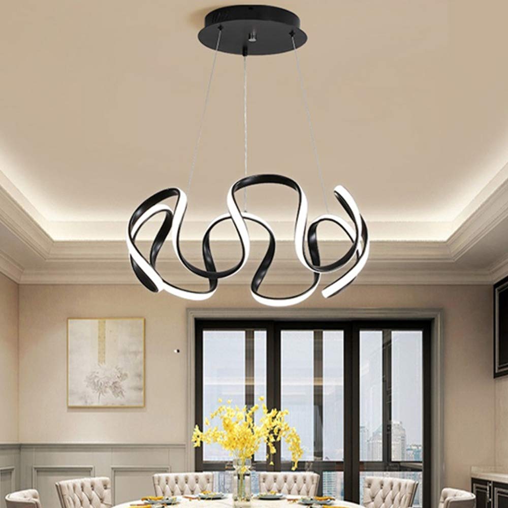 LED Modern Hanging Lamp Metal Acrylic Pendant Lamp Dimmable Remote Ceiling Lighting Height Adjustable Ceiling Lights Living Room Dining Room Chandelier Bedroom Study Office Suspension Light,Black