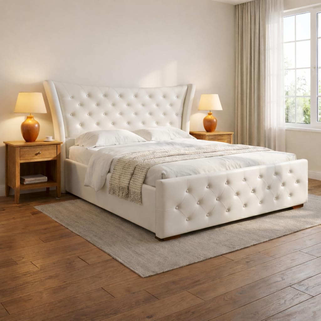 Pearl Upholstered Queen Size Bed with Box Storage for Bedroom | Elegant Wooden Double Bed with Storage | Platform Cot Palang with Tufted Headboard | 6.5 x 5 Ft | Sheesham Wood | White-image-38