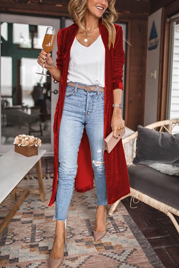 Image of Women's Long Velvet Cardigan Jacket Lapel Collar Open Front Vintage Cardigan Sweater with Pocket
