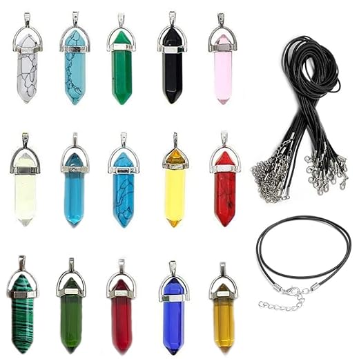 Morofme 15 Set DIY Kugelform Heilpunkt Chakra Anhänger Hexagonal Quarzkristall Kugelform Stein Edelstein Pendel Perlen Anhänger für Halskette Schmuckherstellung mit schwarzer