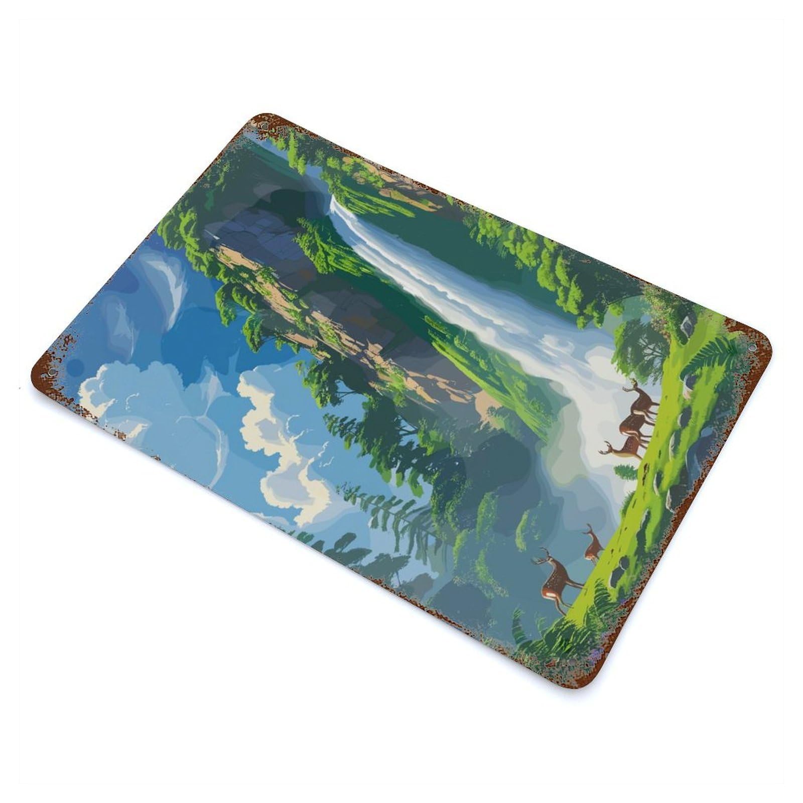 Garage Style Waterfall Landscape with Deer Aged Metal Wall Plaque 11.8"x7.9", Vintage Wall Decor for Bar And Workshop