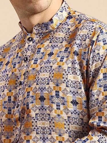 Image of Men's Black Art Silk Regular Fit Ethnic Motifs Kurta | Indian Kurta | Festive Ethnic Kurta with Embroidered Packet