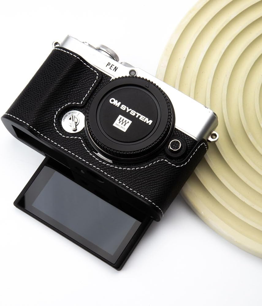 E-P7 Vintage Genuine Leather Camera Case Handmade Half Camera Protector with Metal Baseplate for Olympus Pen E-P7 (Black - PalmSwell Texture Case)