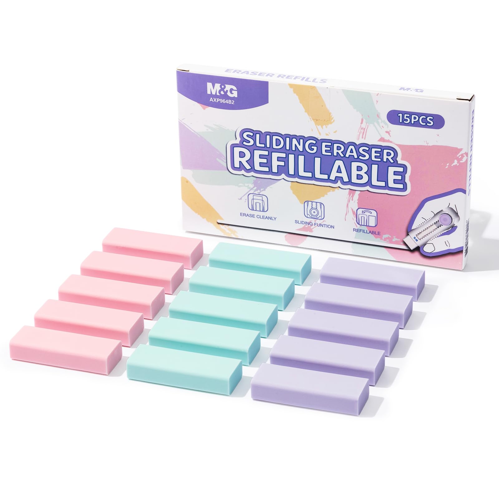 M&amp;G 15 Pack Pencil Erasers, Erasers Bulk, Soft Rubber Refills, Mixed Colors