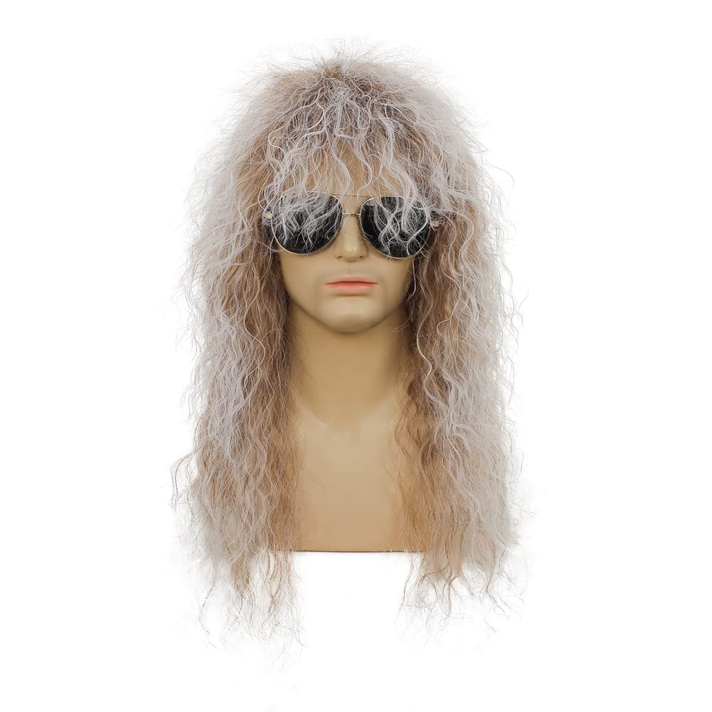 Dai CloudMens Long Mullet Wigs Brown White Curly Halloween 80s Costumes Male Wigs Fancy Party Accessories Wigs