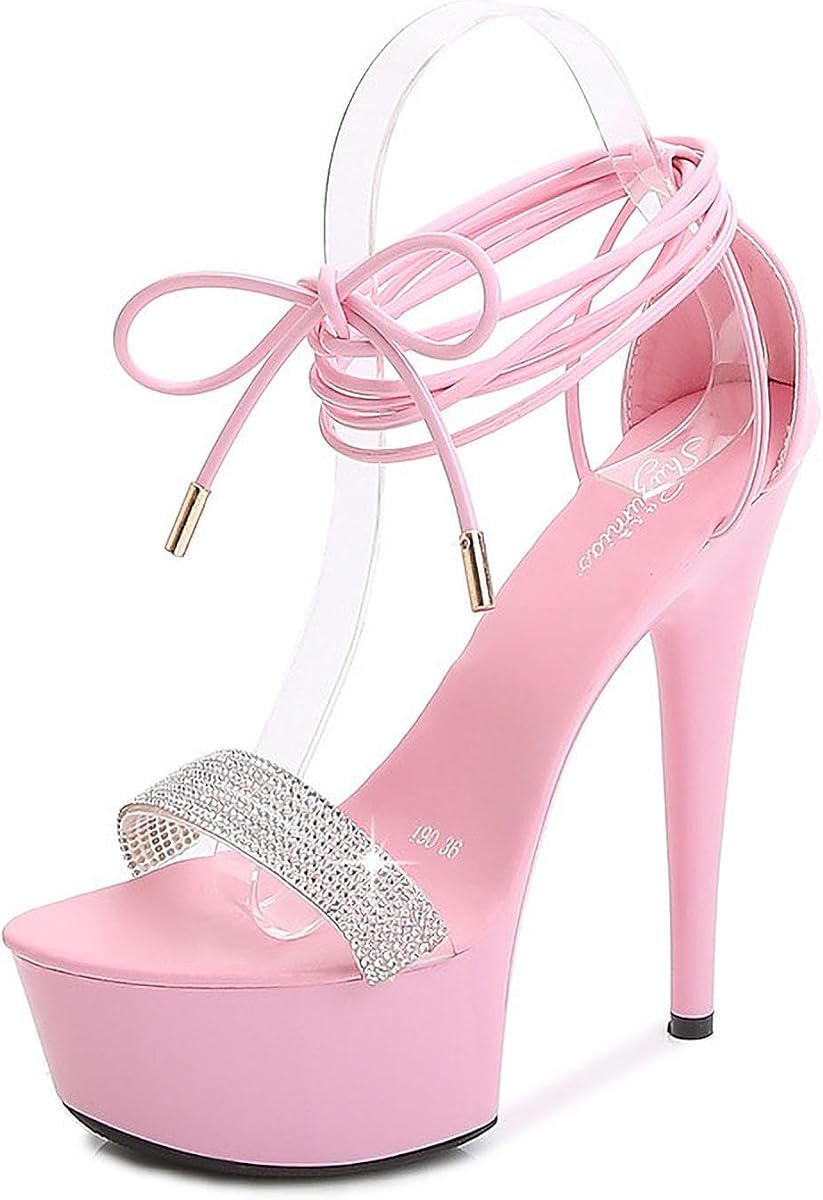 Women's Rhinestone Tie Up Platform Stiletto Prom Sandals Sexy Peep Toe Lace Up Pole Dance Exotic Sky High Heels 5.9 Inch High Strappy Dress Sandals for Club Party Date