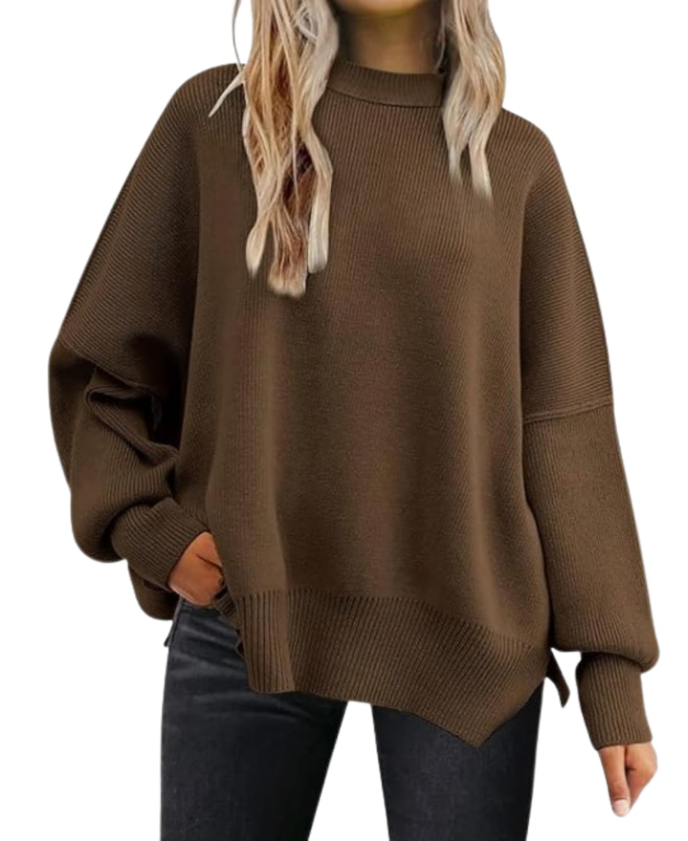 LIZALIG Womens Oversized Batwing Casual Sweaters Fall Outfits Knit Side Slit Fashion Crewneck Pullover Batwing Tops
