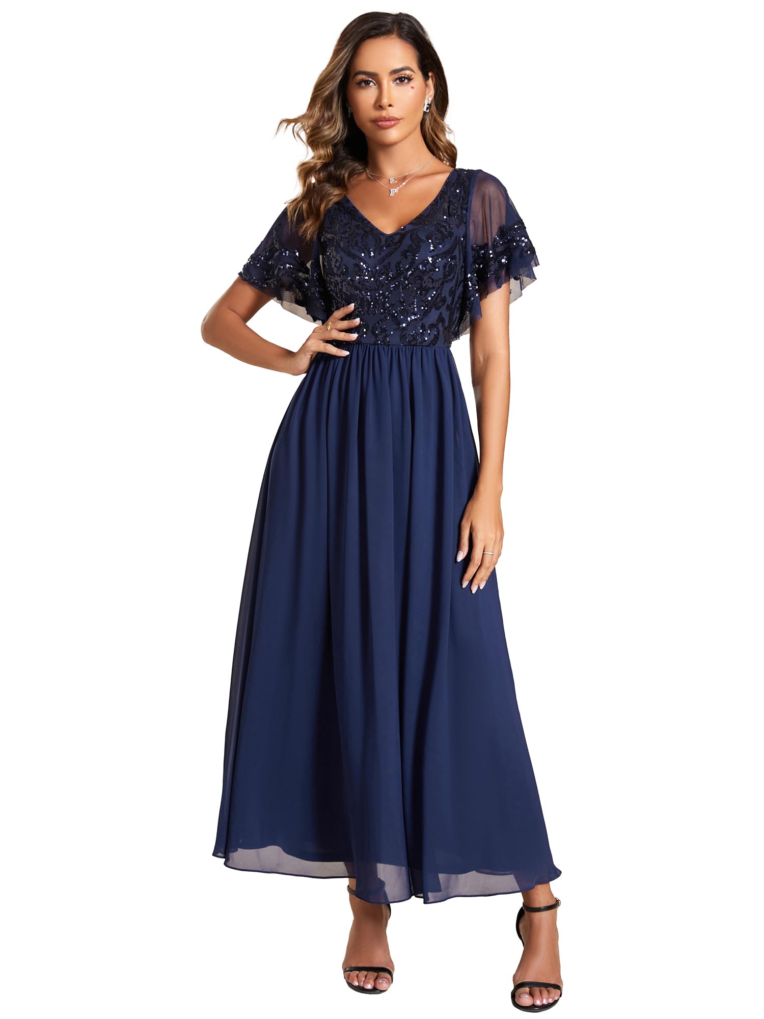 Ever-Pretty Vestito da Sera Mamma Lungo Chiffon Linea ad A Scollo a V Maniche Corte Chic Abito da Cerimonia EM01583