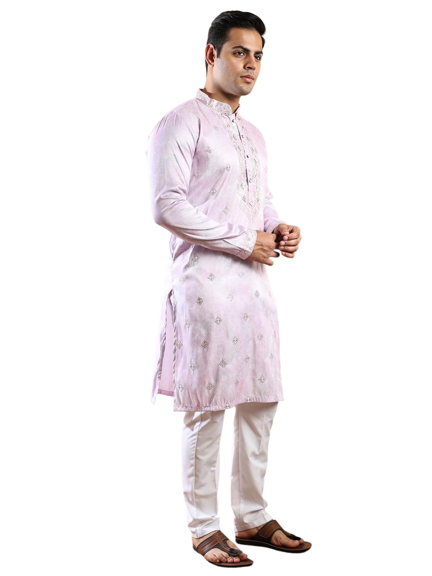 Traditional Cotton Blend Embroidered Kurta Pajama, White Pajama, Ethnic Indian Wear, Full Length-image-21