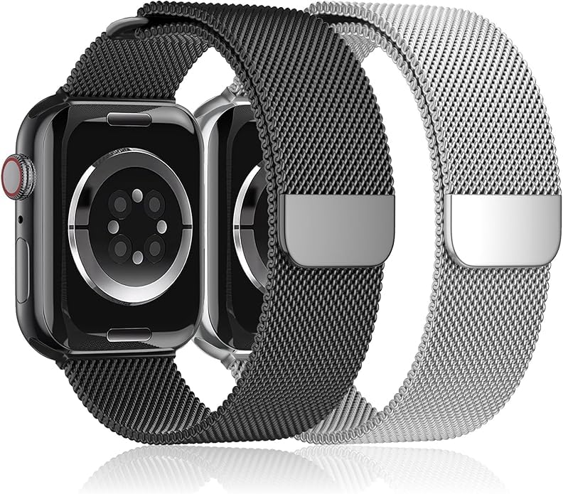 Image of Meyaar Magnetic Loop for Apple Watch Band 46mm 42mm 44mm 45mm 49mm Women Men,Magnet Stainless Steel Mesh Metal Strap for iWatch Ultra /2 Series 10 9 8 7 6 5 4,SE /2nd Generation (Black-Silver)