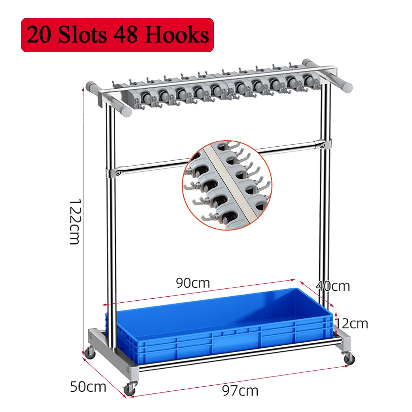 Soporte Móvil para Escobas Y Fregonas, Estante Comercial De Acero Inoxidable para Fregonas, Carrito Organizador De Herramientas De Limpieza, Almacenamiento De Herramienta,Blue-20 Slots