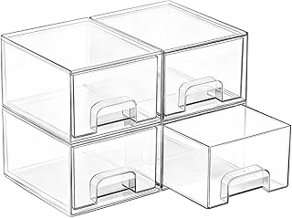 Vtopmart 4 Pack Small Clear Stackable Storage Drawers,Acrylic Bathroom Makeup Organizer,Plastic Storage Bins For Vanity, Undersink, Kitchen Cabinets, Pantry, Home Organization ClimeCo Certified