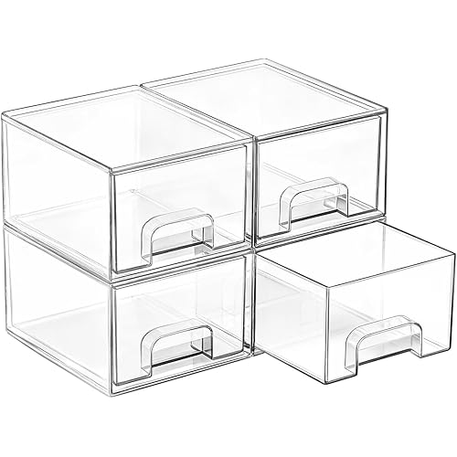 Vtopmart 4 Pack Small Clear Stackable Storage Drawers,Acrylic Bathroom Makeup Organizer,Plastic Storage Bins For Vanity, Undersink, Kitchen Cabinets, Pantry, Home Organization