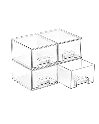 4 Pack Small Clear Stackable Storage Drawers,Acrylic Bathroom Makeup Organizer,Plastic