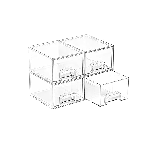 Vtopmart 4 Pack Small Clear Stackable Storage Drawers,Acrylic Bathroom Makeup Organizer,Plastic Storage Bins For Vanity, Undersink, Kitchen Cabinets, Pantry, Home Organization