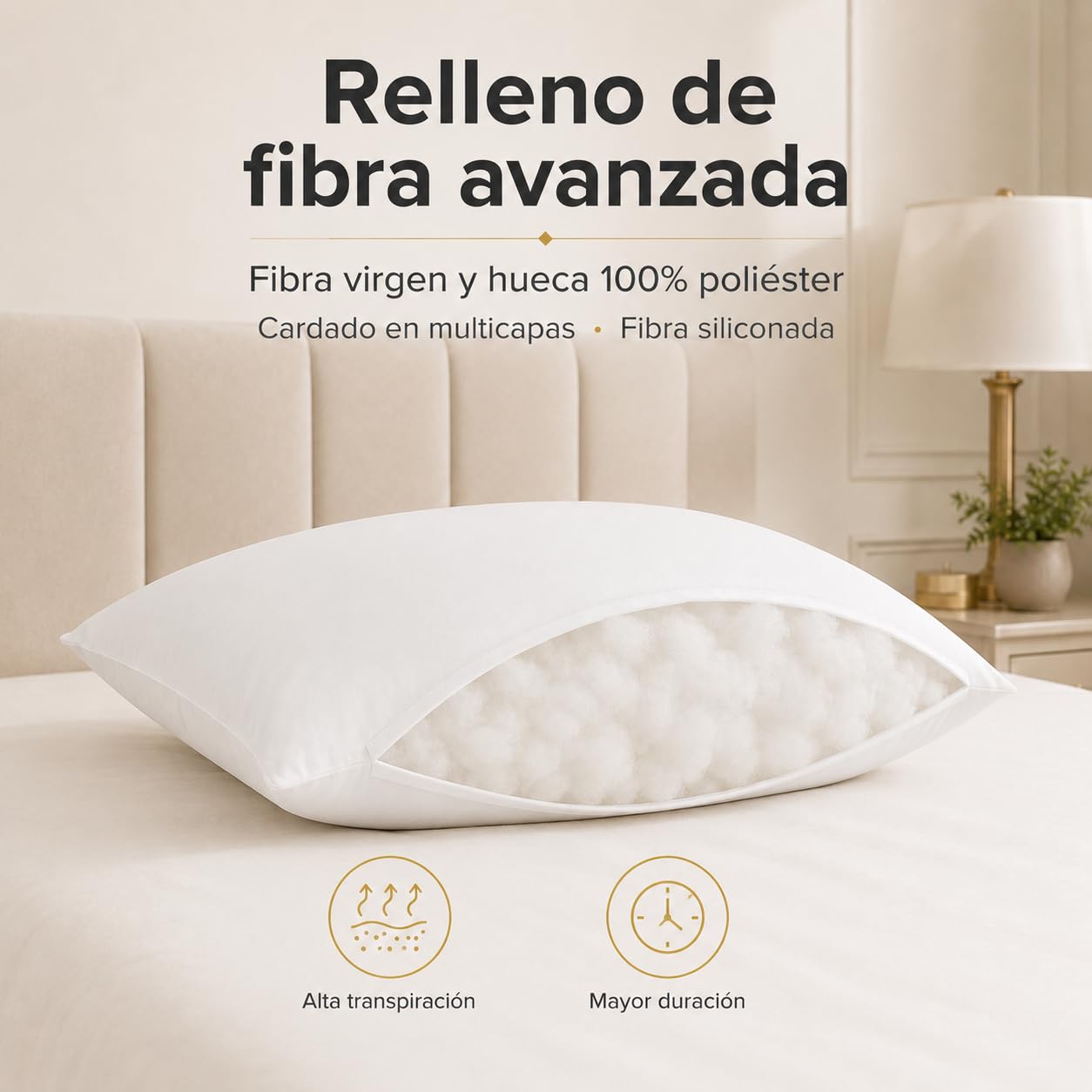 Moshy Almohada Hércules Alta de Fibra Hueca Siliconada, Tacto Suave y Gran Volumen, Doble Funda de Microfibra con Cremallera (150 cm)